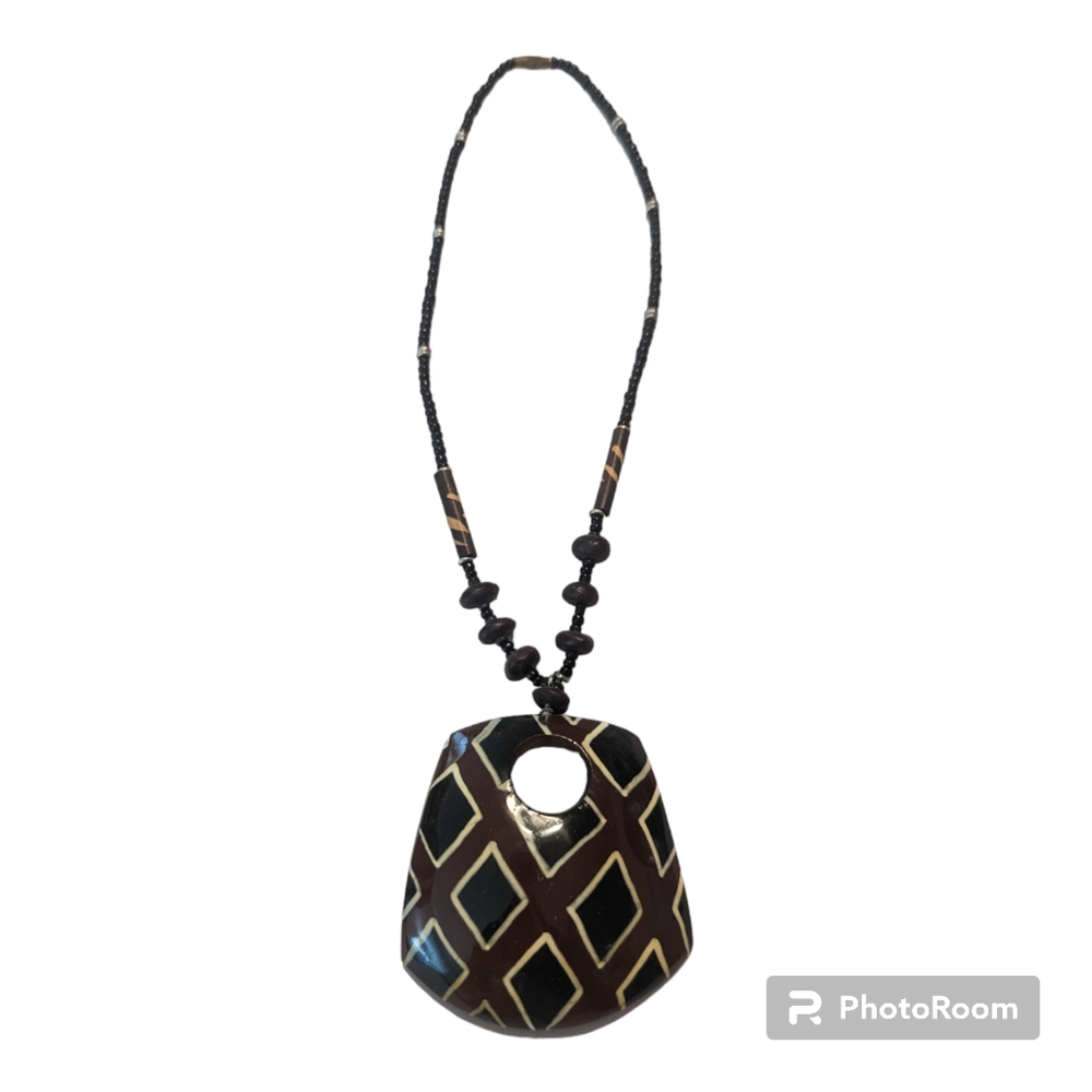 Vintage Tribal Black Brown Painted Large Pendant With Black Beaded Necklace